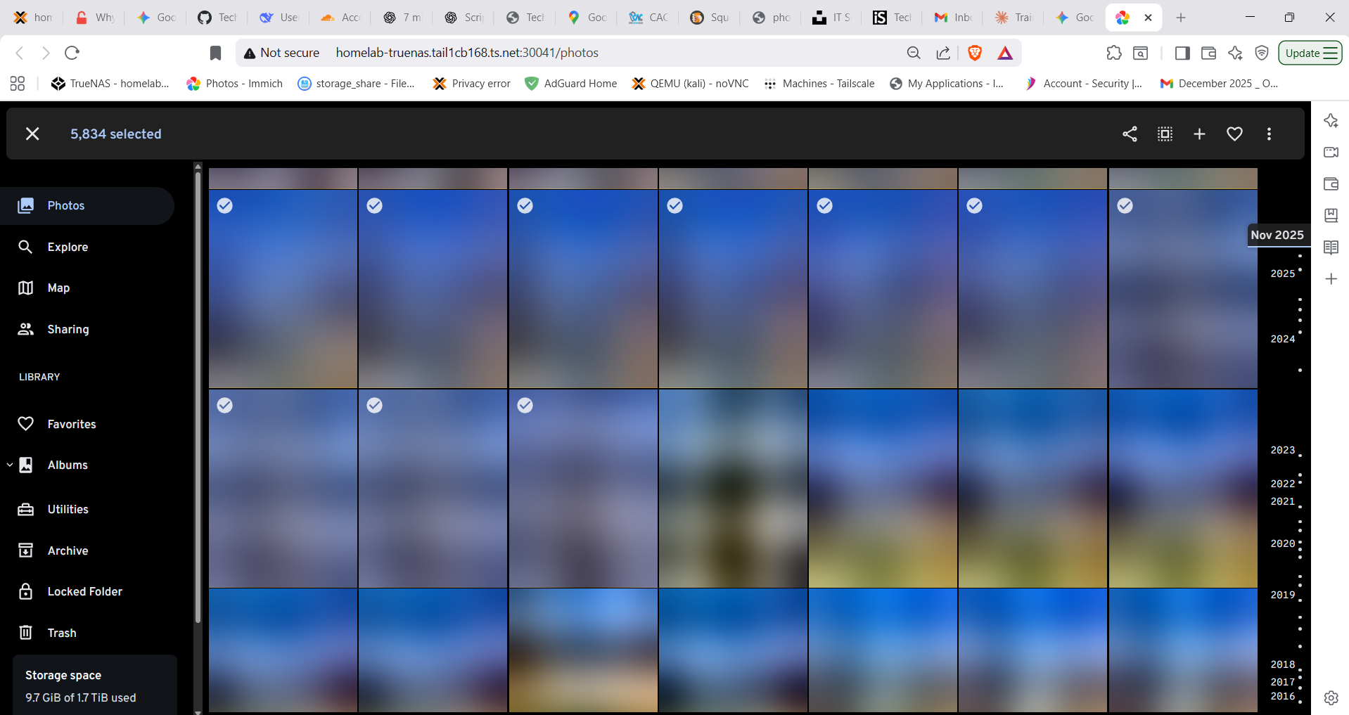 Immich photo management on TrueNAS showing 5,834 photos and 9.7 GiB used